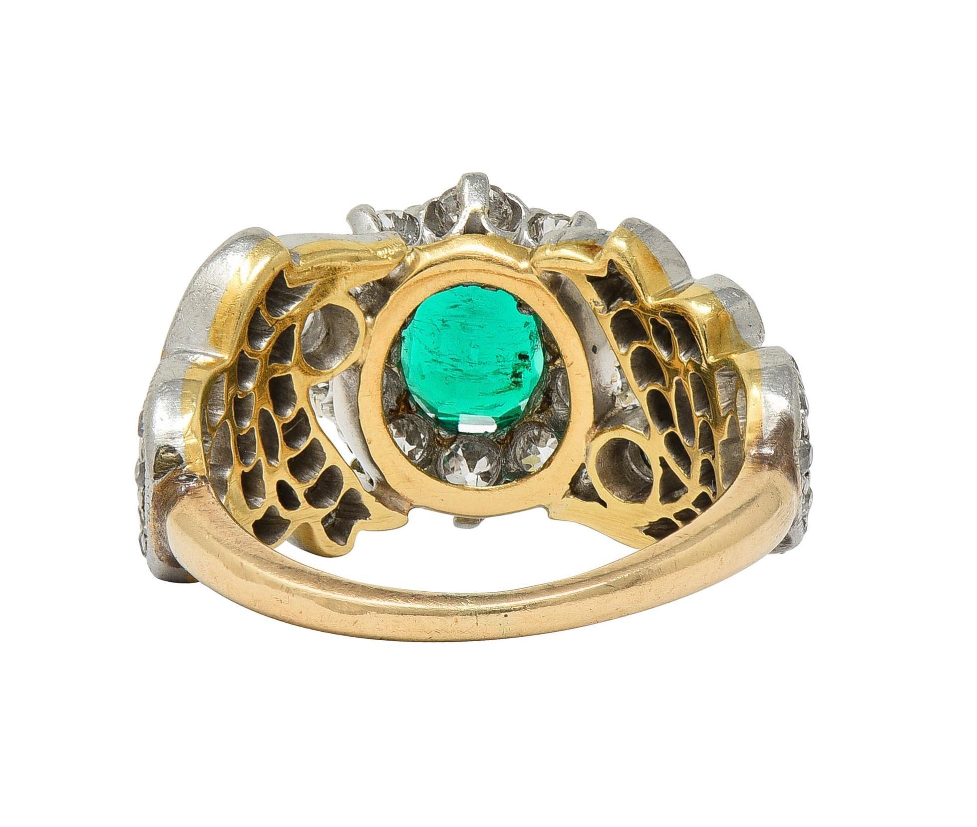 Women's Edwardian 1.85 CTW Emerald Diamond Platinum 14 Karat Gold Antique Halo Ring For Sale