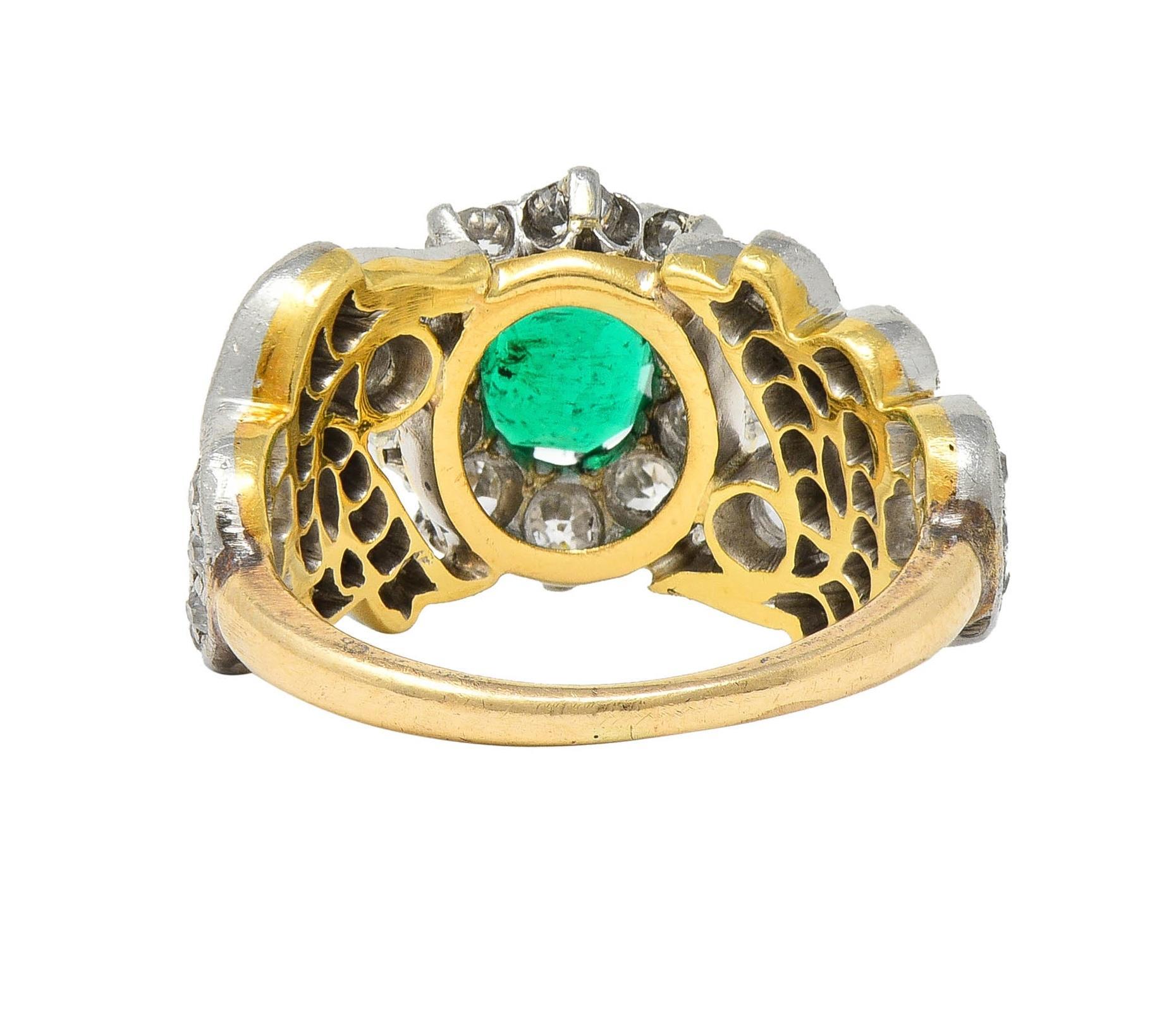 Edwardian 1.85 CTW Emerald Diamond Platinum 14 Karat Gold Antique Halo Ring For Sale 1