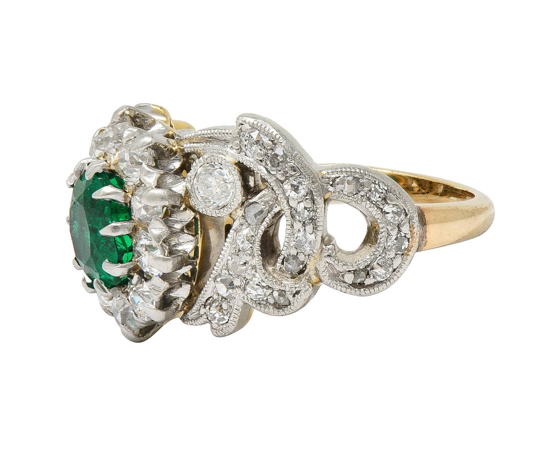 Edwardian 1.85 CTW Emerald Diamond Platinum 14 Karat Gold Antique Halo Ring For Sale 1