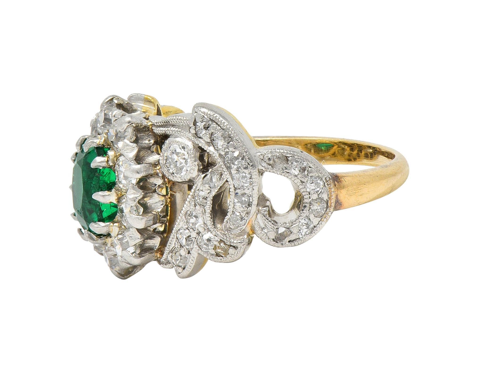 Edwardian 1.85 CTW Emerald Diamond Platinum 14 Karat Gold Antique Halo Ring For Sale 2