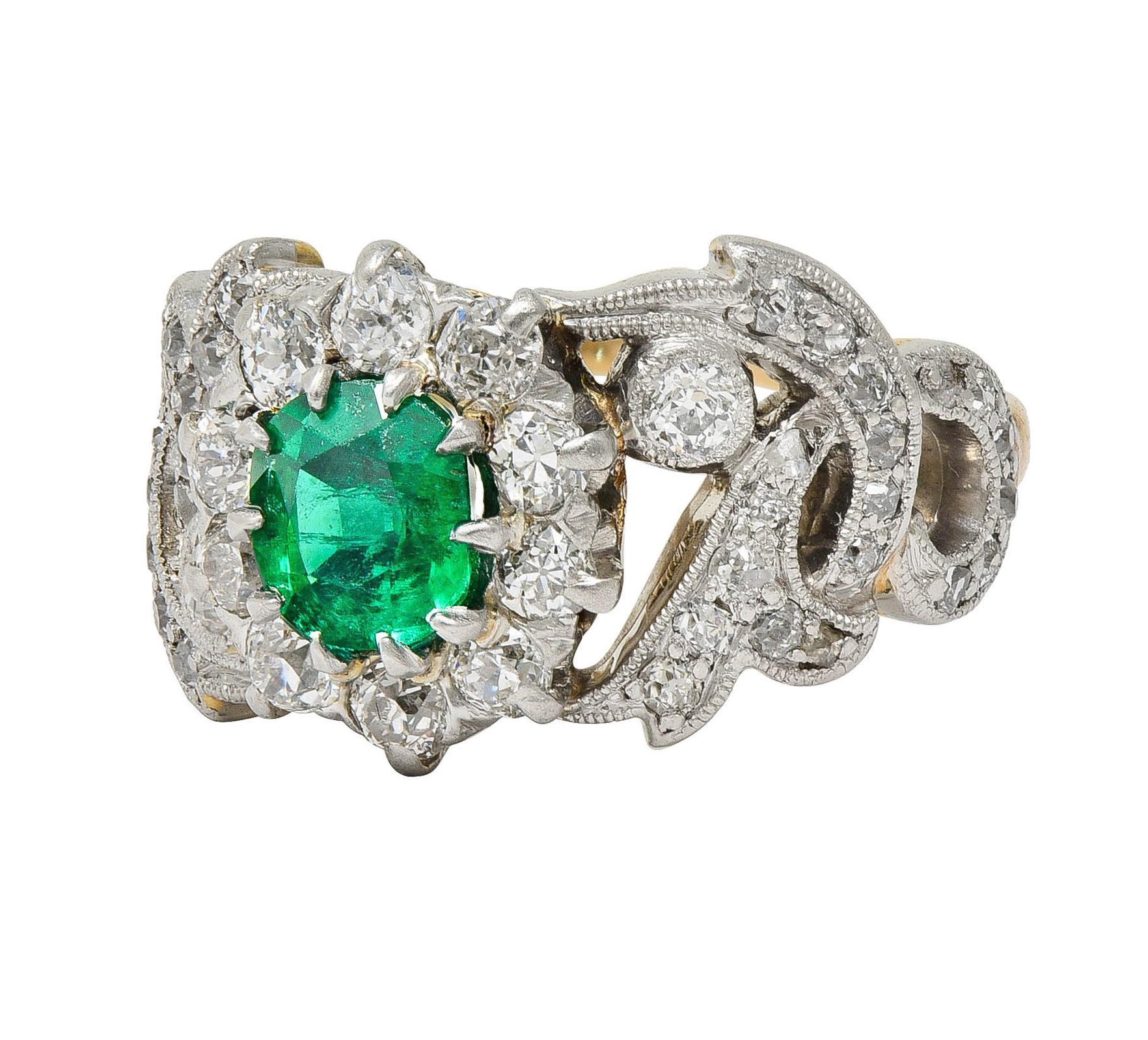 Edwardian 1.85 CTW Emerald Diamond Platinum 14 Karat Gold Antique Halo Ring For Sale 2