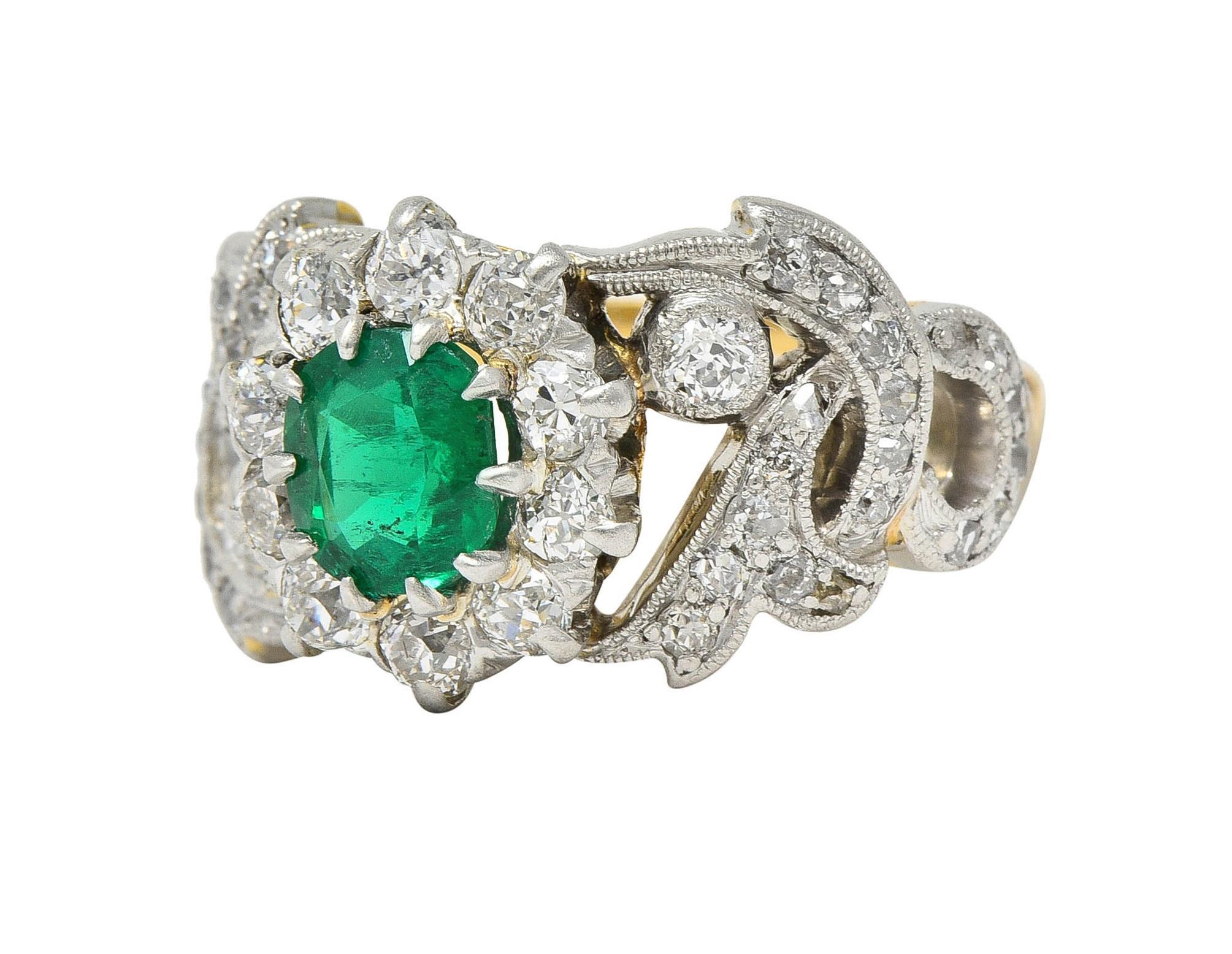 Edwardian 1.85 CTW Emerald Diamond Platinum 14 Karat Gold Antique Halo Ring For Sale 3