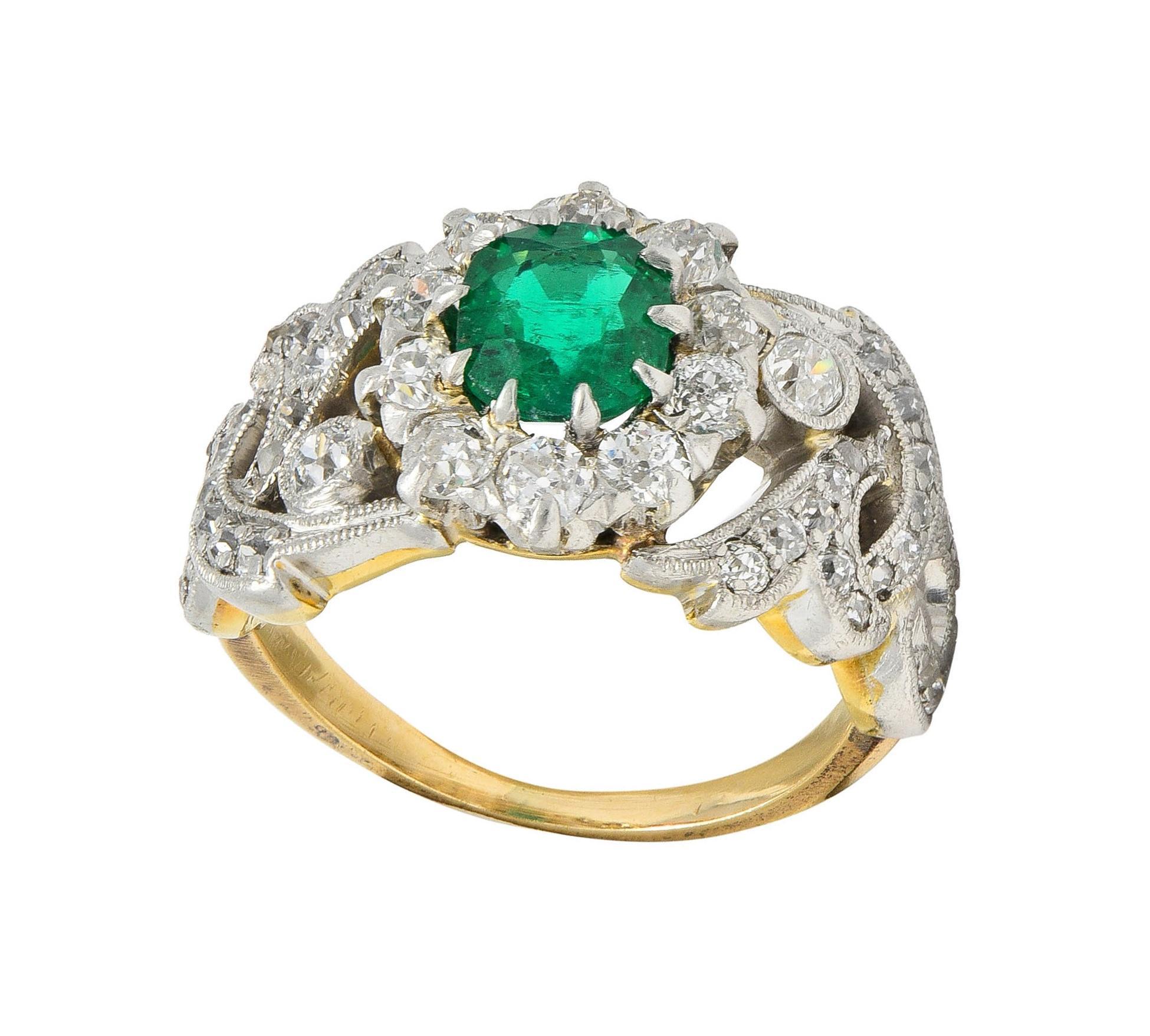 Edwardian 1.85 CTW Emerald Diamond Platinum 14 Karat Gold Antique Halo Ring For Sale 4