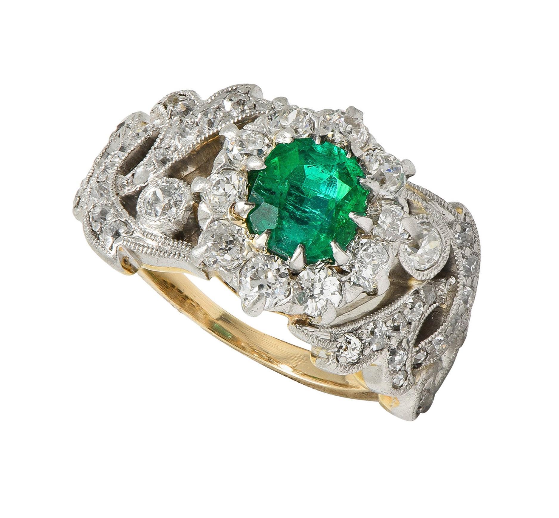 Edwardian 1.85 CTW Emerald Diamond Platinum 14 Karat Gold Antique Halo Ring For Sale 4