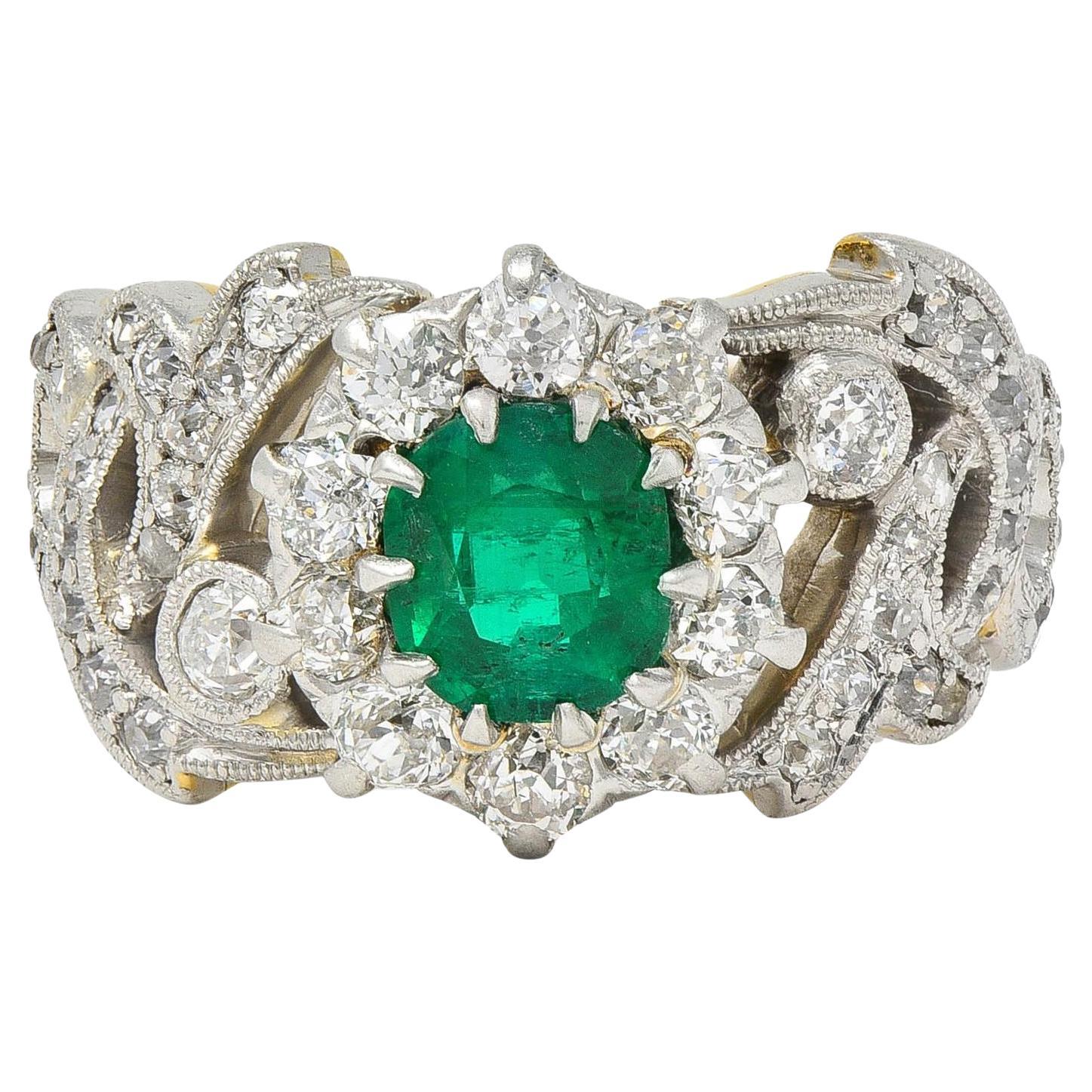 Edwardian 1.85 CTW Emerald Diamond Platinum 14 Karat Gold Antique Halo Ring For Sale
