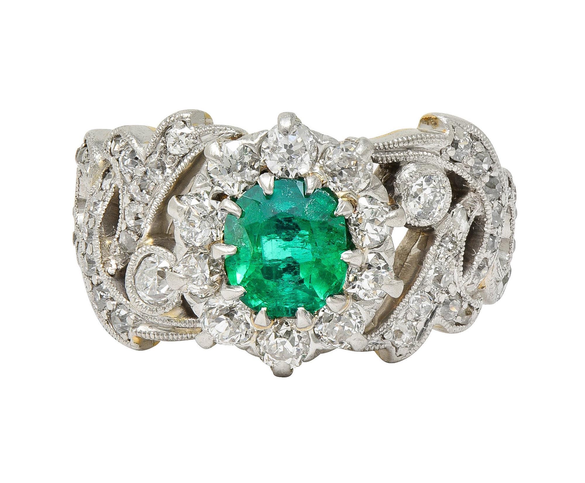 Edwardian 1.85 CTW Emerald Diamond Platinum 14 Karat Gold Antique Halo Ring For Sale