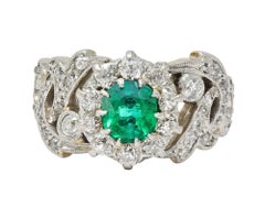 Edwardian 1.85 CTW Emerald Diamond Platinum 14 Karat Gold Antique Halo Ring