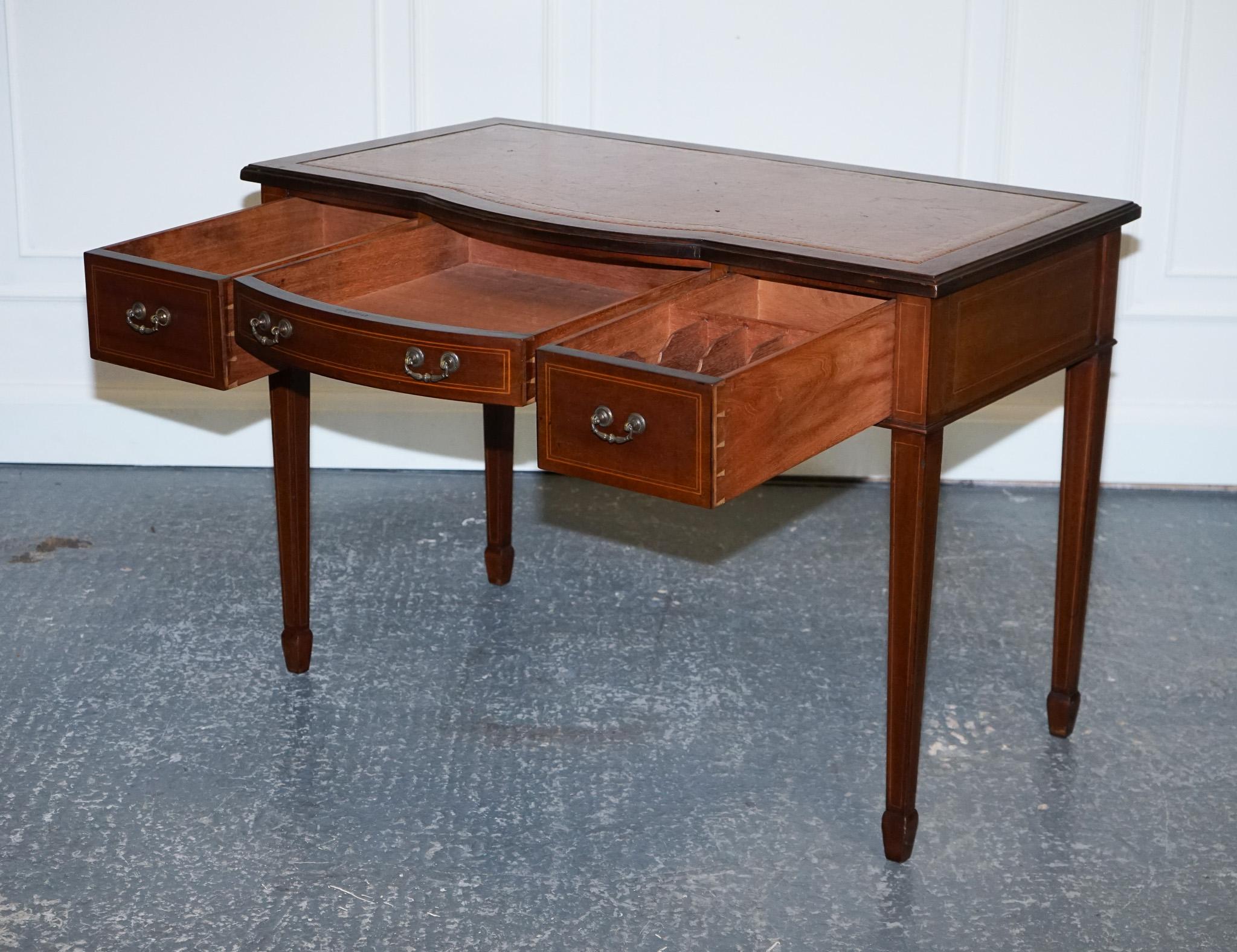 Hand-Crafted Edwardian 1880s Stamped Maple & Co Brown Leather Sheraton Writing Desk Table For Sale