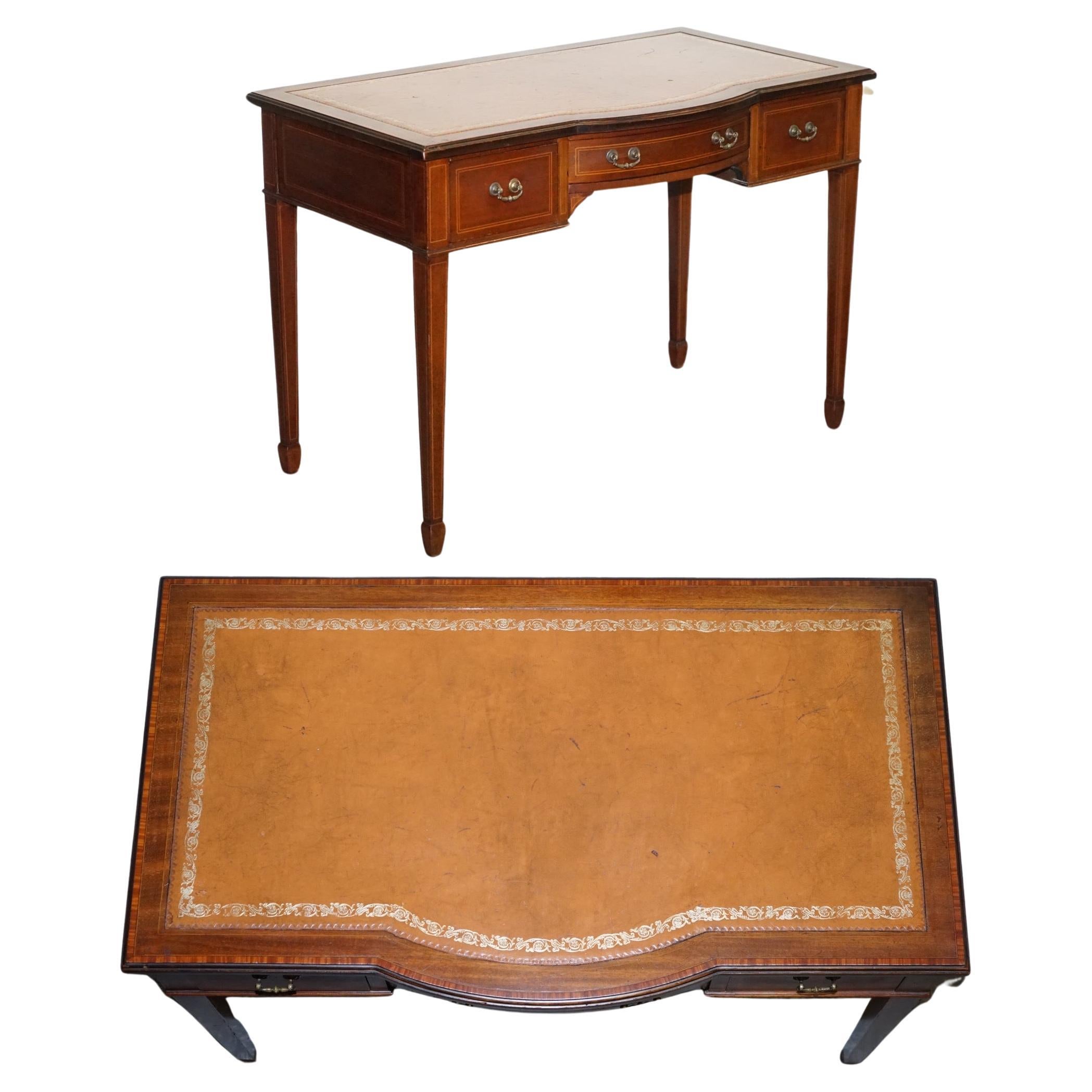 Edwardian 1880s Stamped Maple & Co Brown Leather Sheraton Writing Desk Table For Sale