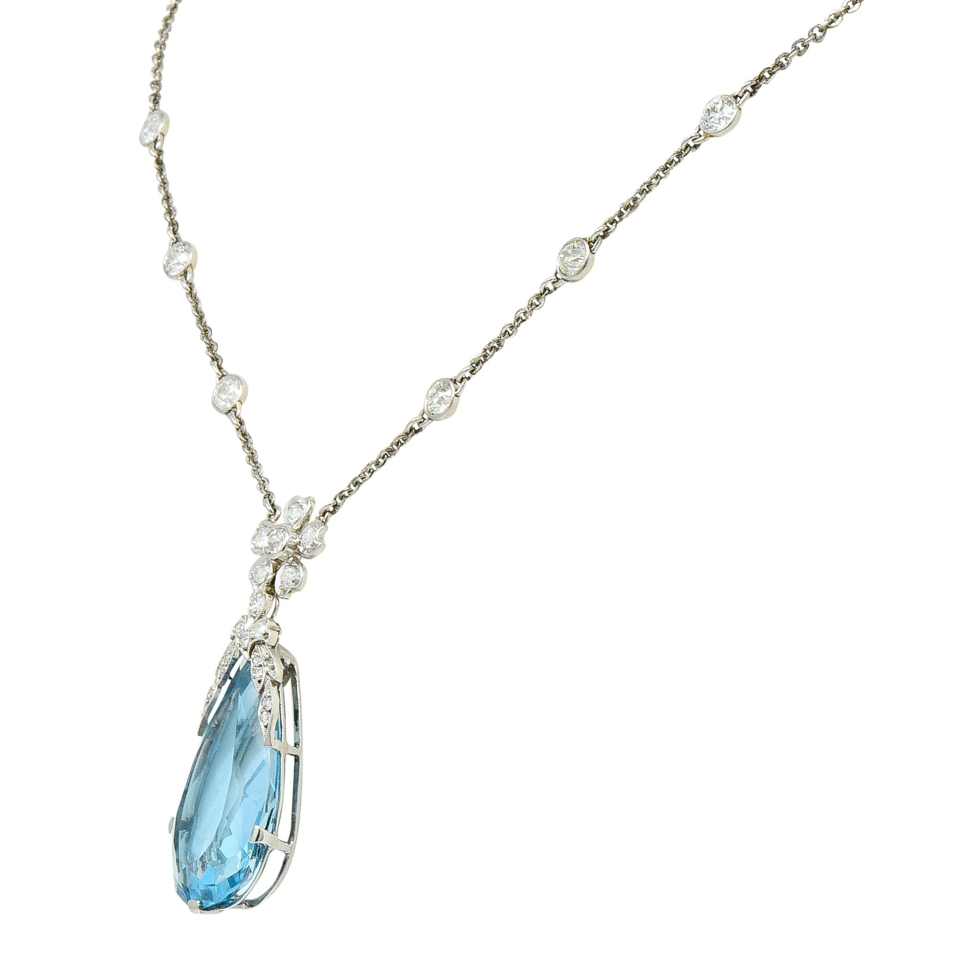 Pear Cut Edwardian 18.87 Carat Aquamarine Diamond Platinum Floral Drop Necklace