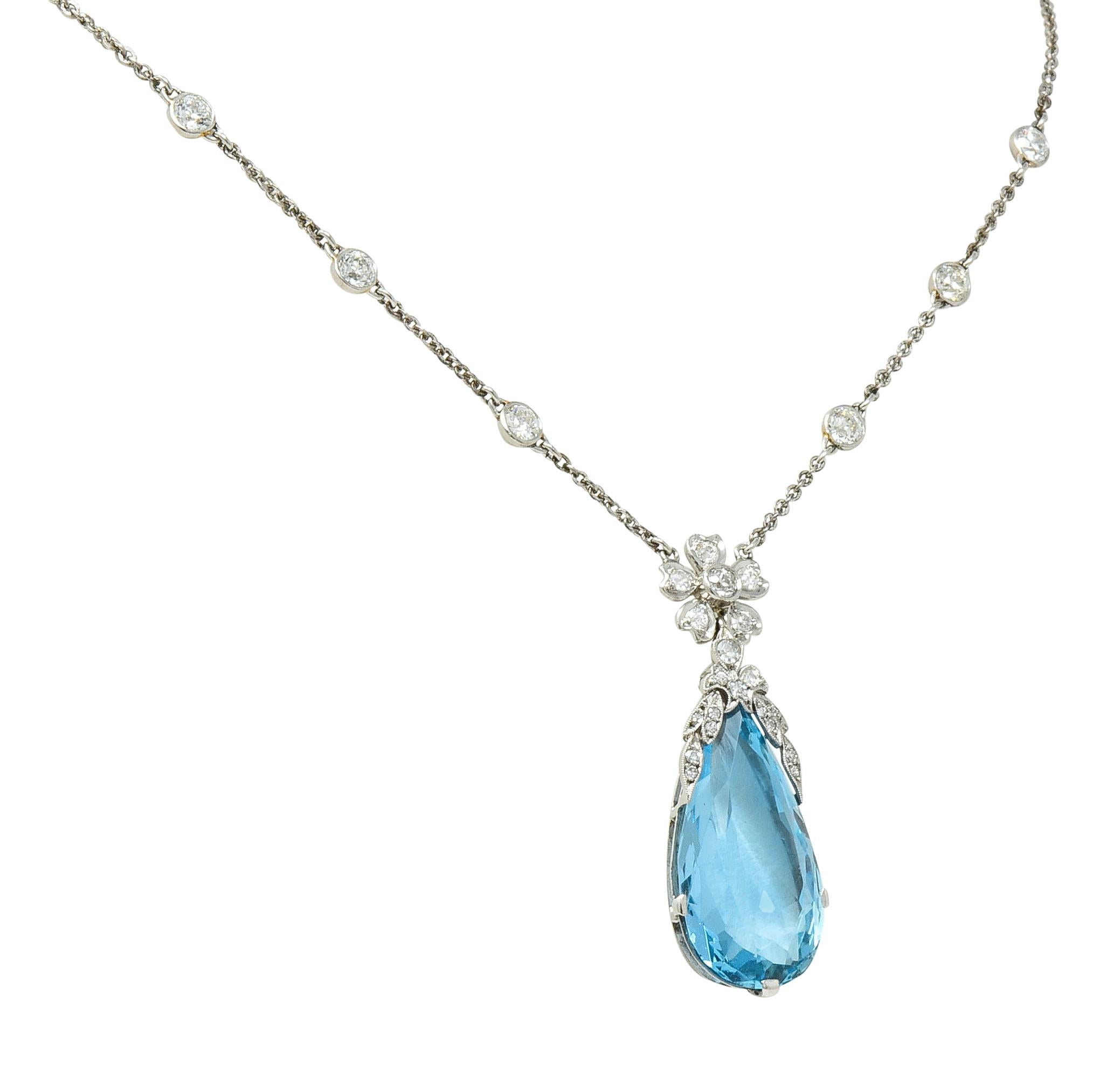Edwardian 18.87 Carat Aquamarine Diamond Platinum Floral Drop Necklace In Excellent Condition In Philadelphia, PA