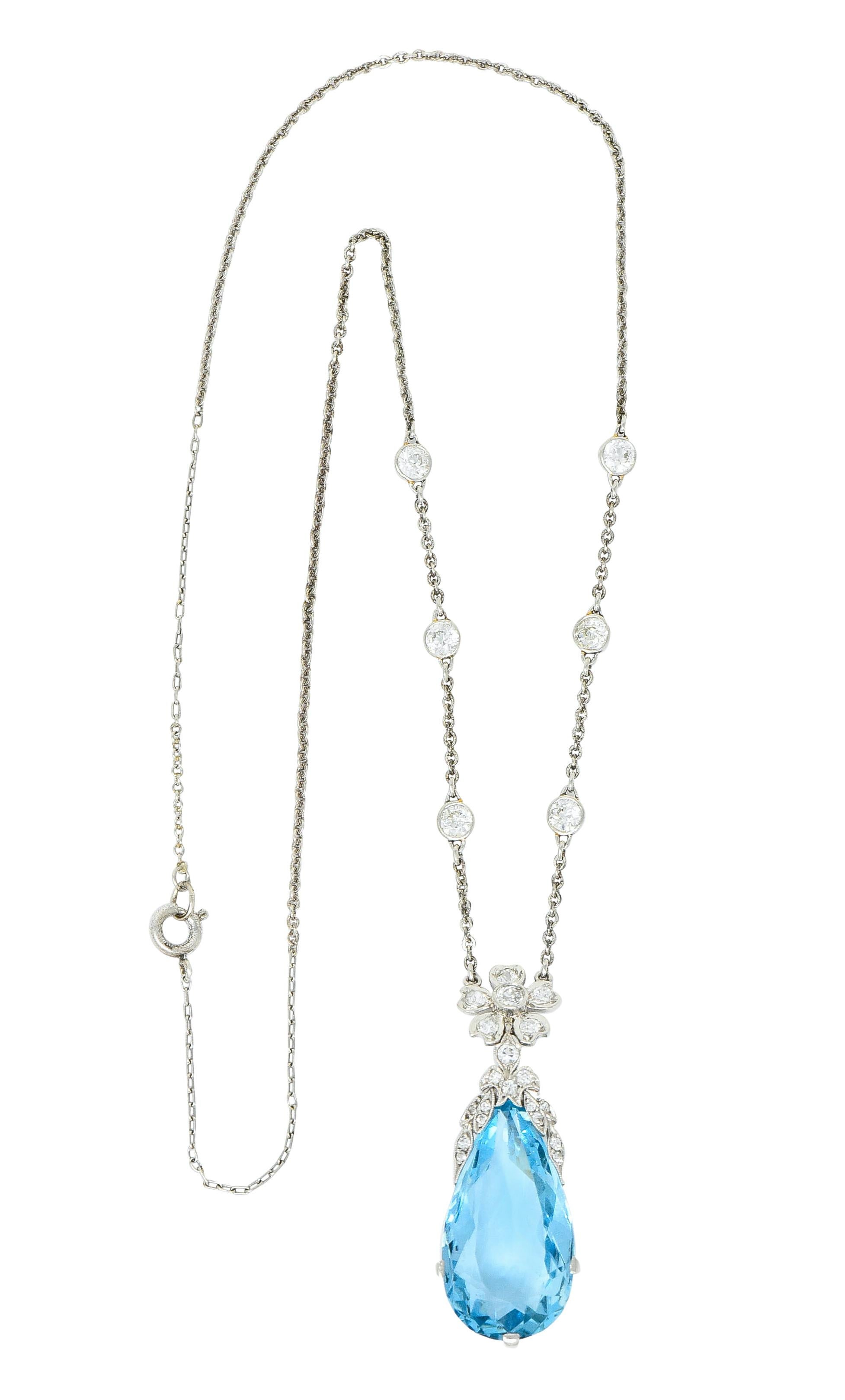 Edwardian 18.87 Carat Aquamarine Diamond Platinum Floral Drop Necklace 3