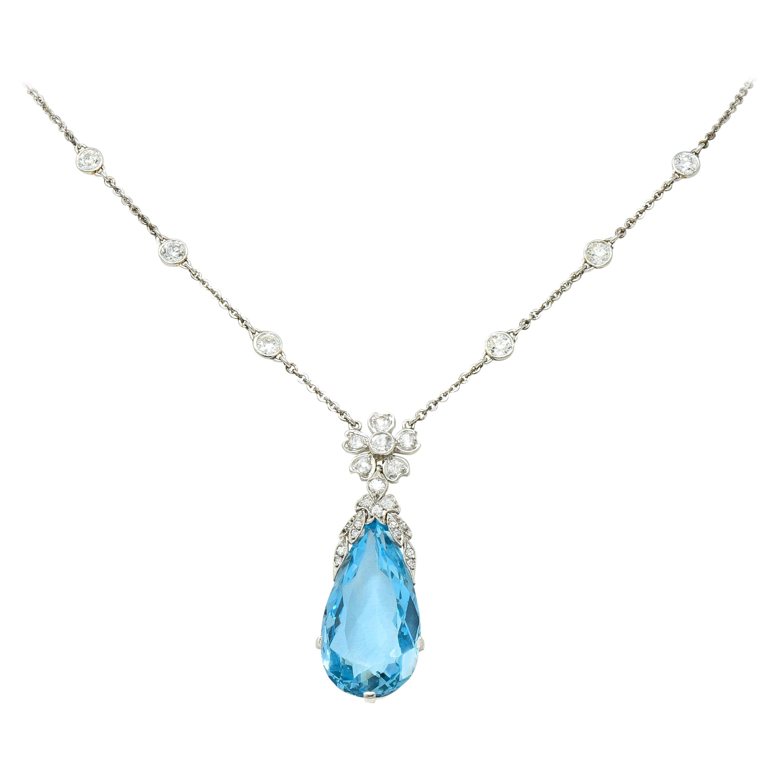 Edwardian 18.87 Carat Aquamarine Diamond Platinum Floral Drop Necklace