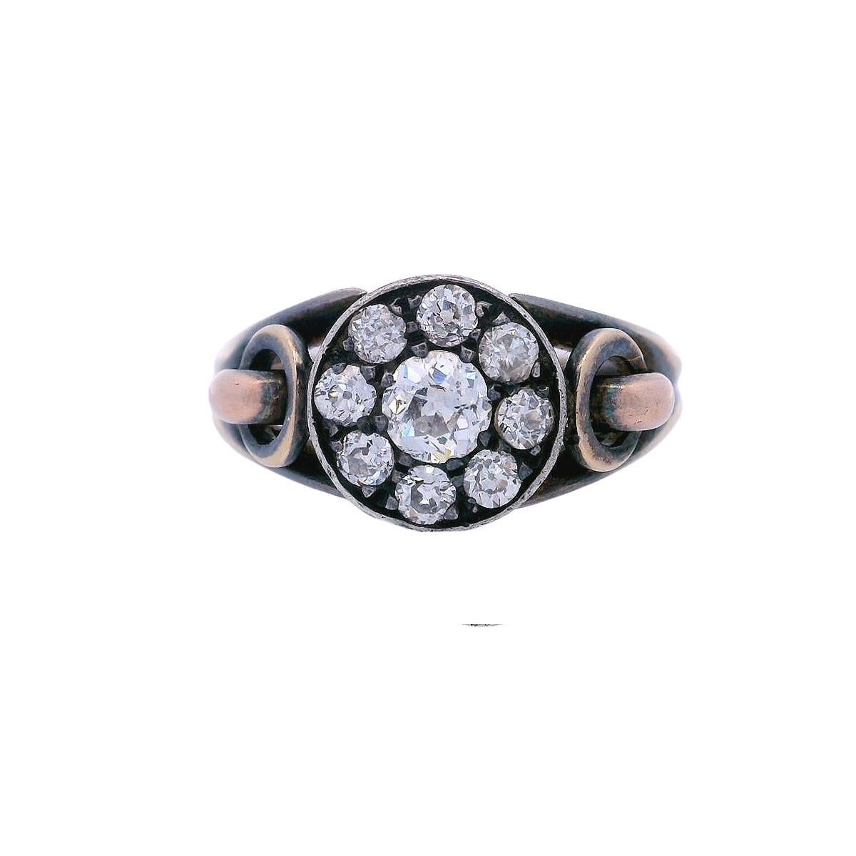 Taille vieille mine Bague édouardienne de 1890 en or jaune 14 carats et argent avec diamants de vieille mine en vente