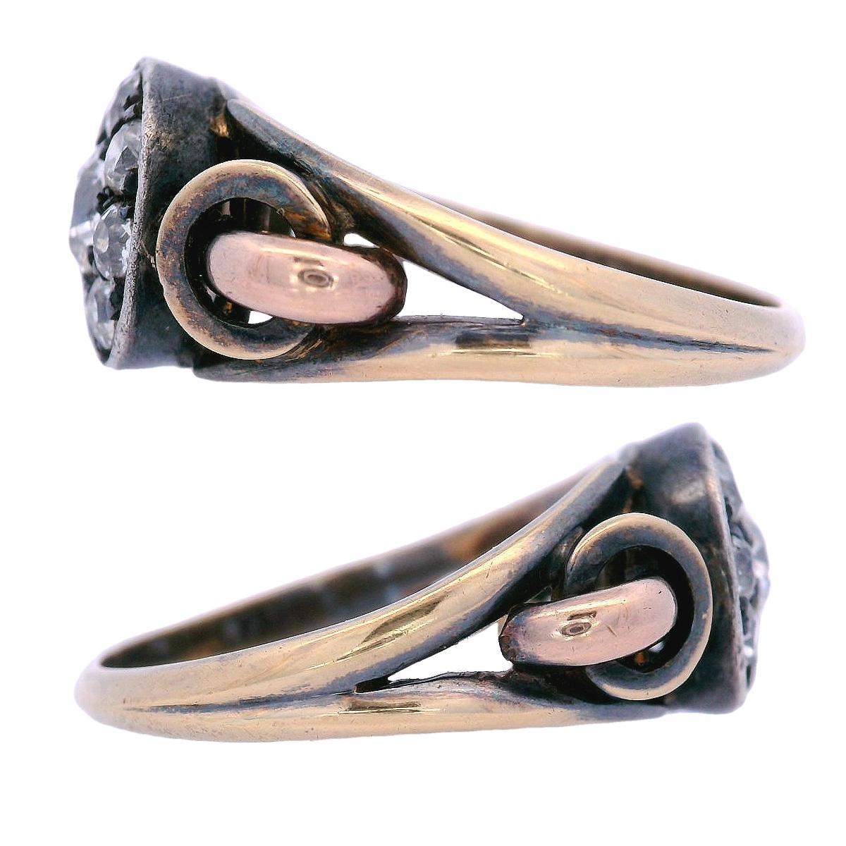 Bague édouardienne de 1890 en or jaune 14 carats et argent avec diamants de vieille mine Excellent état - En vente à Aventura, FL