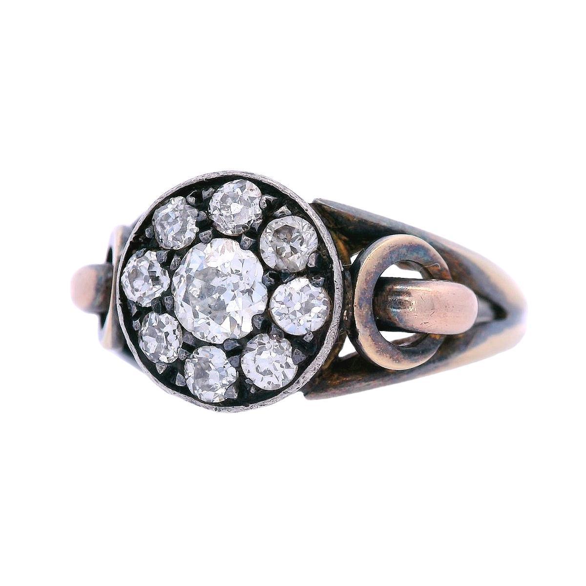 Bague édouardienne de 1890 en or jaune 14 carats et argent avec diamants de vieille mine Unisexe en vente