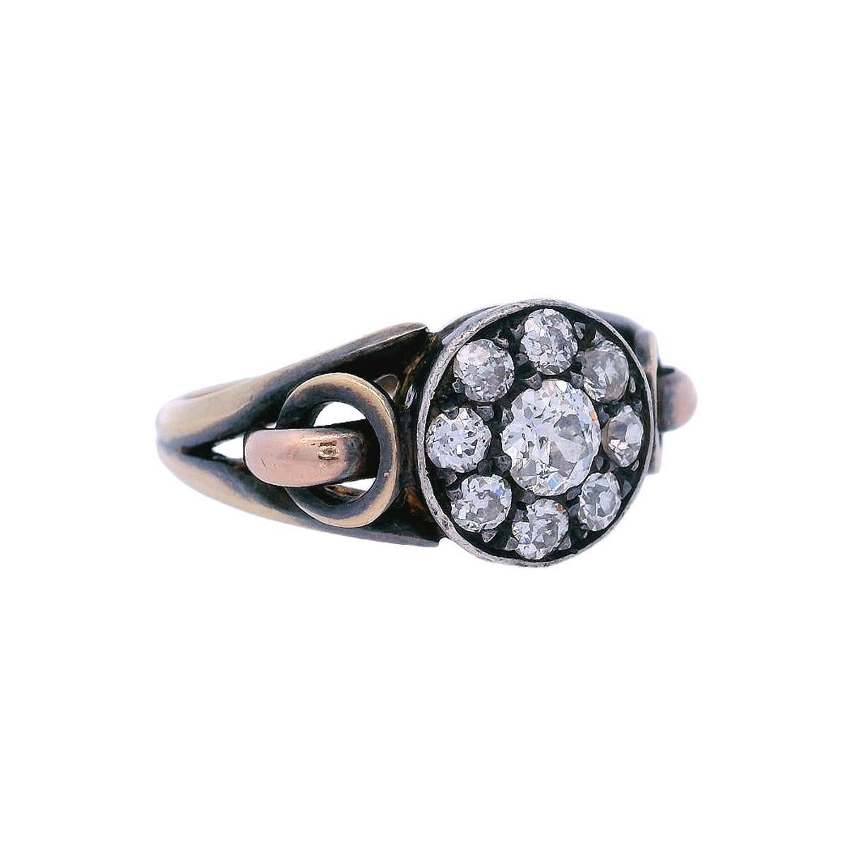 Bague édouardienne de 1890 en or jaune 14 carats et argent avec diamants de vieille mine en vente 1
