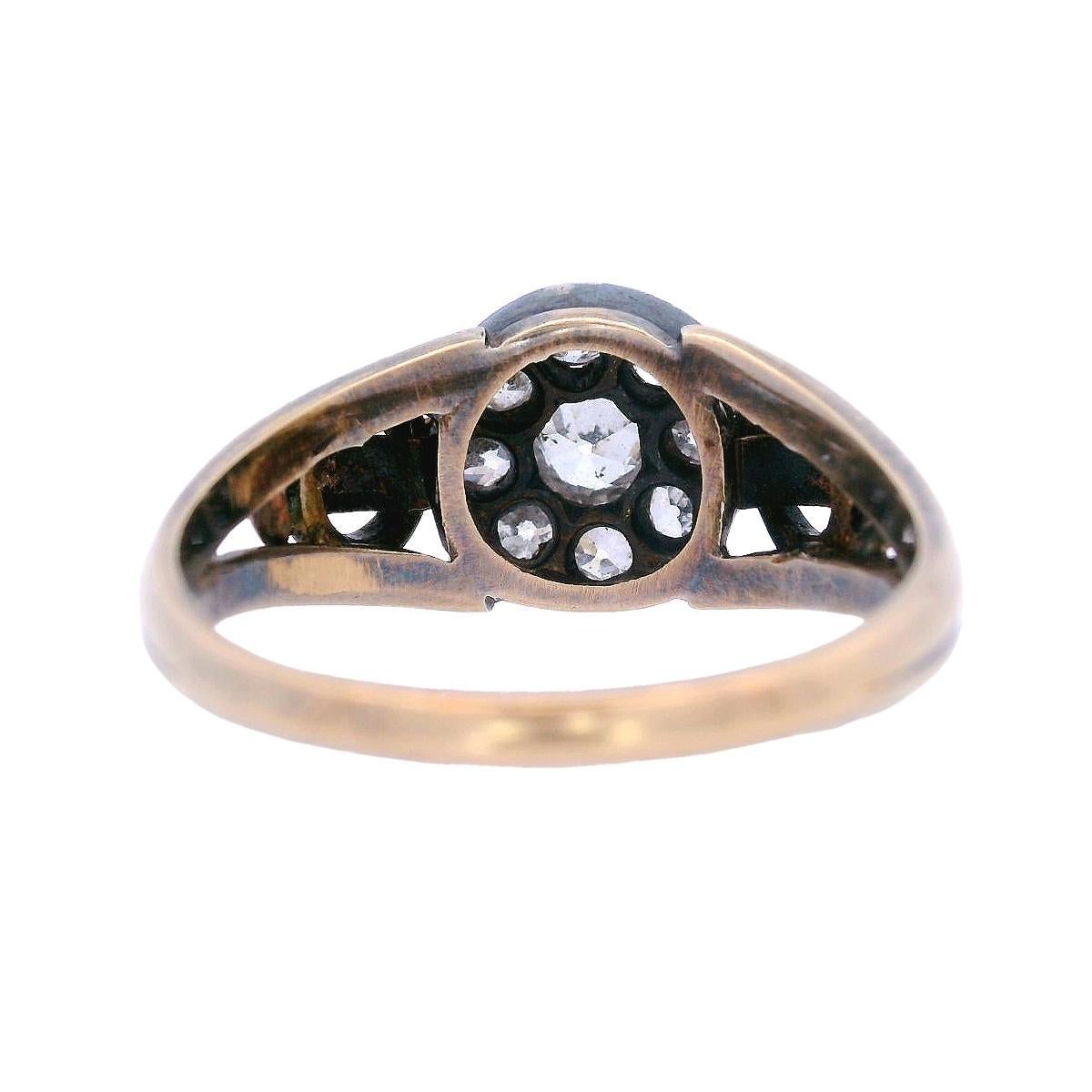 Bague édouardienne de 1890 en or jaune 14 carats et argent avec diamants de vieille mine en vente 2