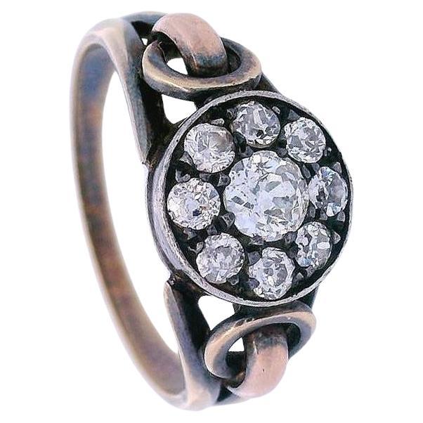 Bague édouardienne de 1890 en or jaune 14 carats et argent avec diamants de vieille mine en vente