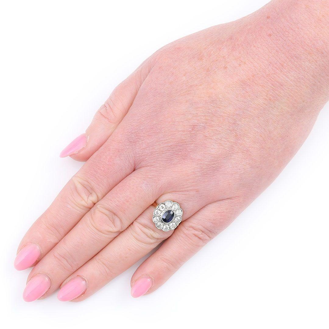 Edwardian 18ct Gold 1ct Sapphire and 1ct Diamond Cluster Ring, Circa 1910 For Sale 5
