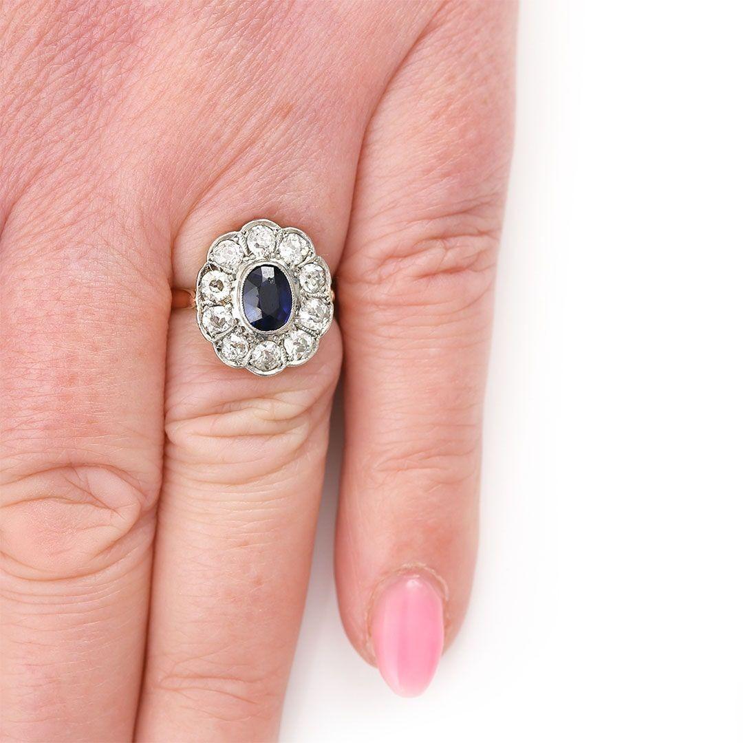 Edwardian 18ct Gold 1ct Sapphire and 1ct Diamond Cluster Ring, Circa 1910 For Sale 6