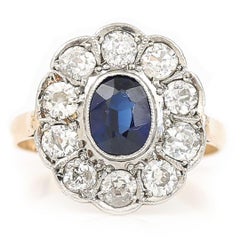 Edwardian 18ct Gold 1ct Sapphire and 1ct Diamond Cluster Ring, Circa 1910