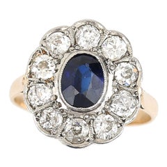 Edwardianischer Cluster-Ring aus 18 Karat Gold mit 1 Karat Saphir und 1 Karat Diamant, um 1910
