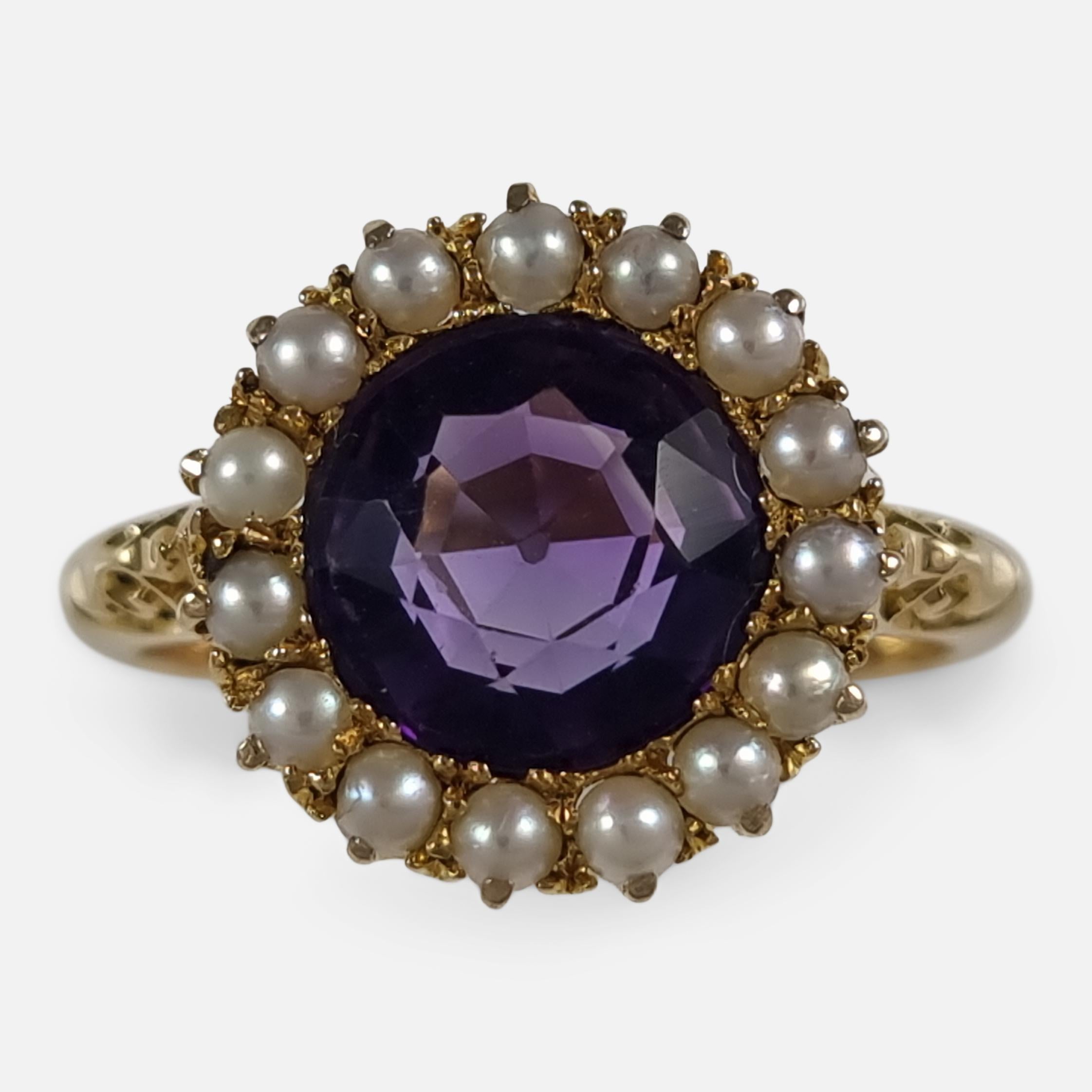Edwardian 18 Carat Gold Amethyst and Pearl Cluster Ring, 1909 9