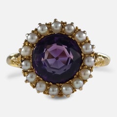 Edwardian 18 Carat Gold Amethyst and Pearl Cluster Ring, 1909