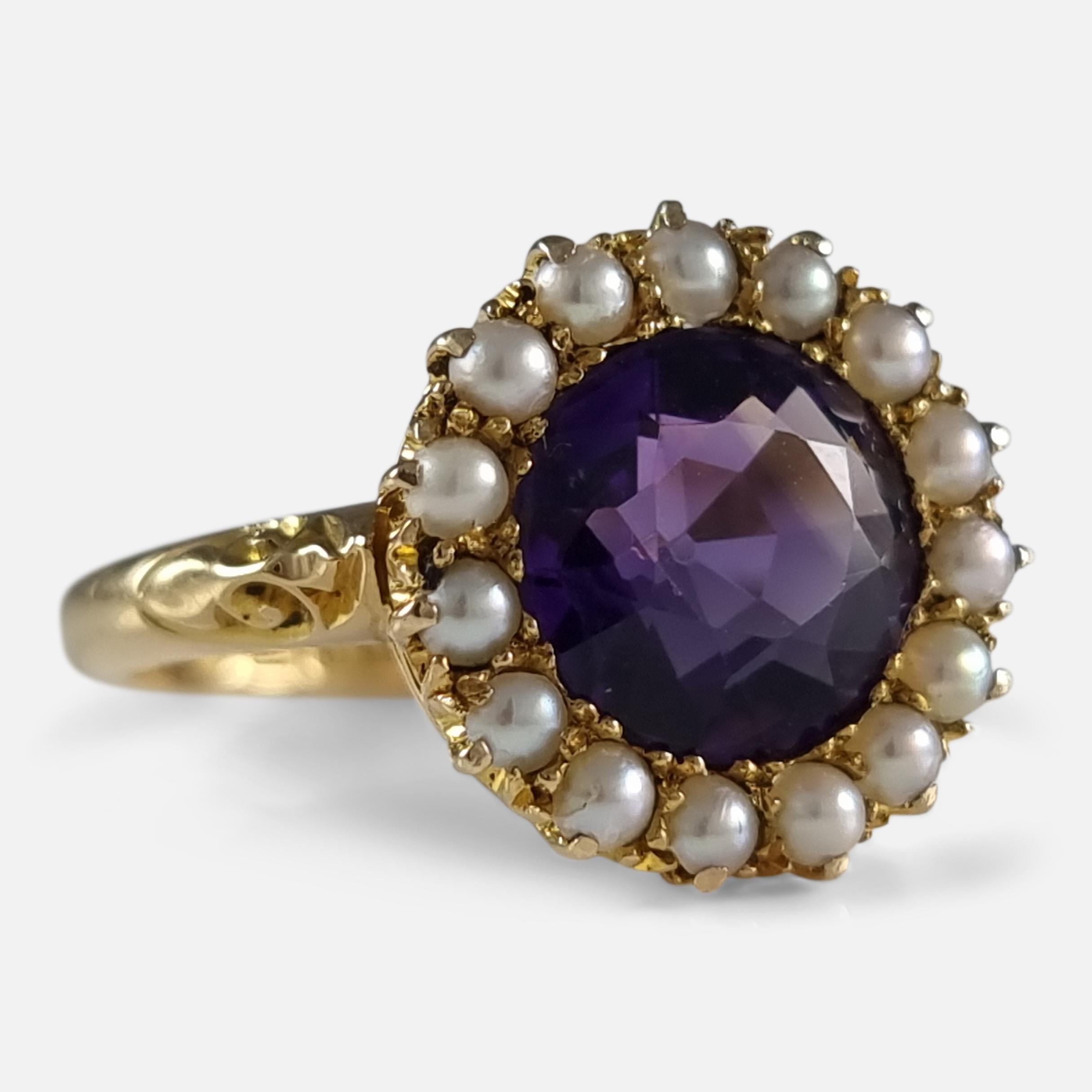 Edwardian 18 Carat Gold Amethyst and Pearl Cluster Ring, 1909 In Good Condition In Glasgow, GB