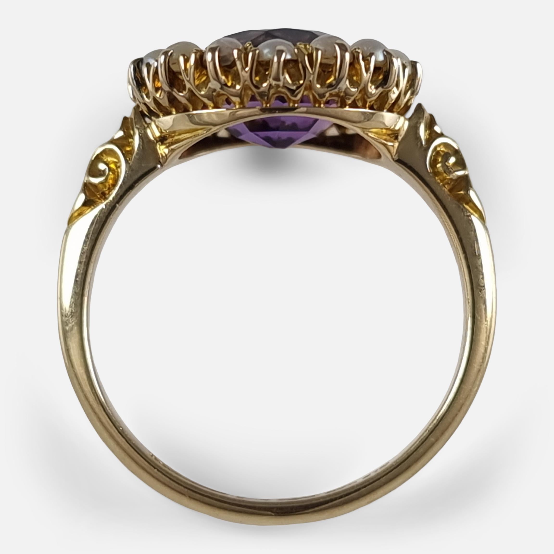 Edwardian 18 Carat Gold Amethyst and Pearl Cluster Ring, 1909 2