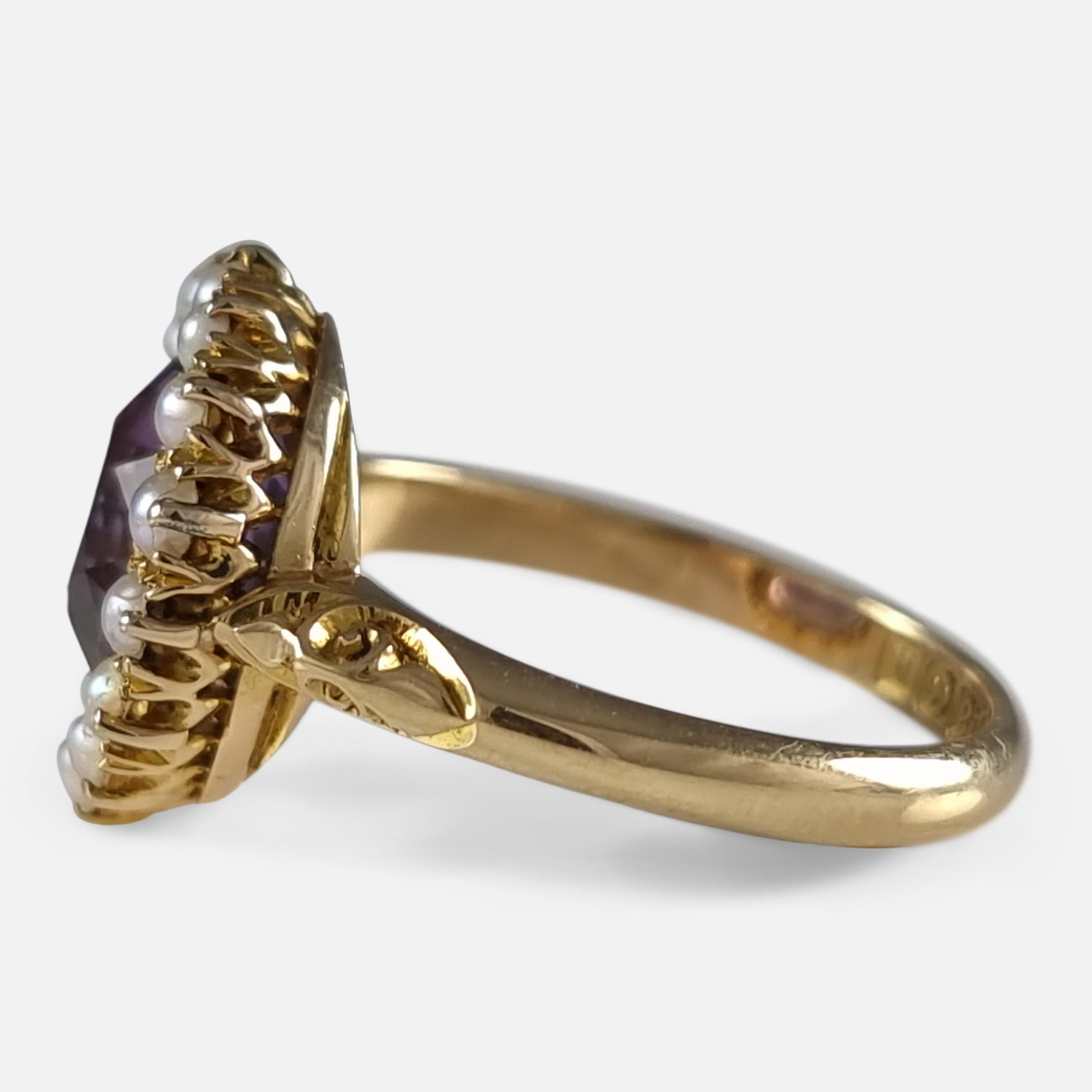 Edwardian 18 Carat Gold Amethyst and Pearl Cluster Ring, 1909 3