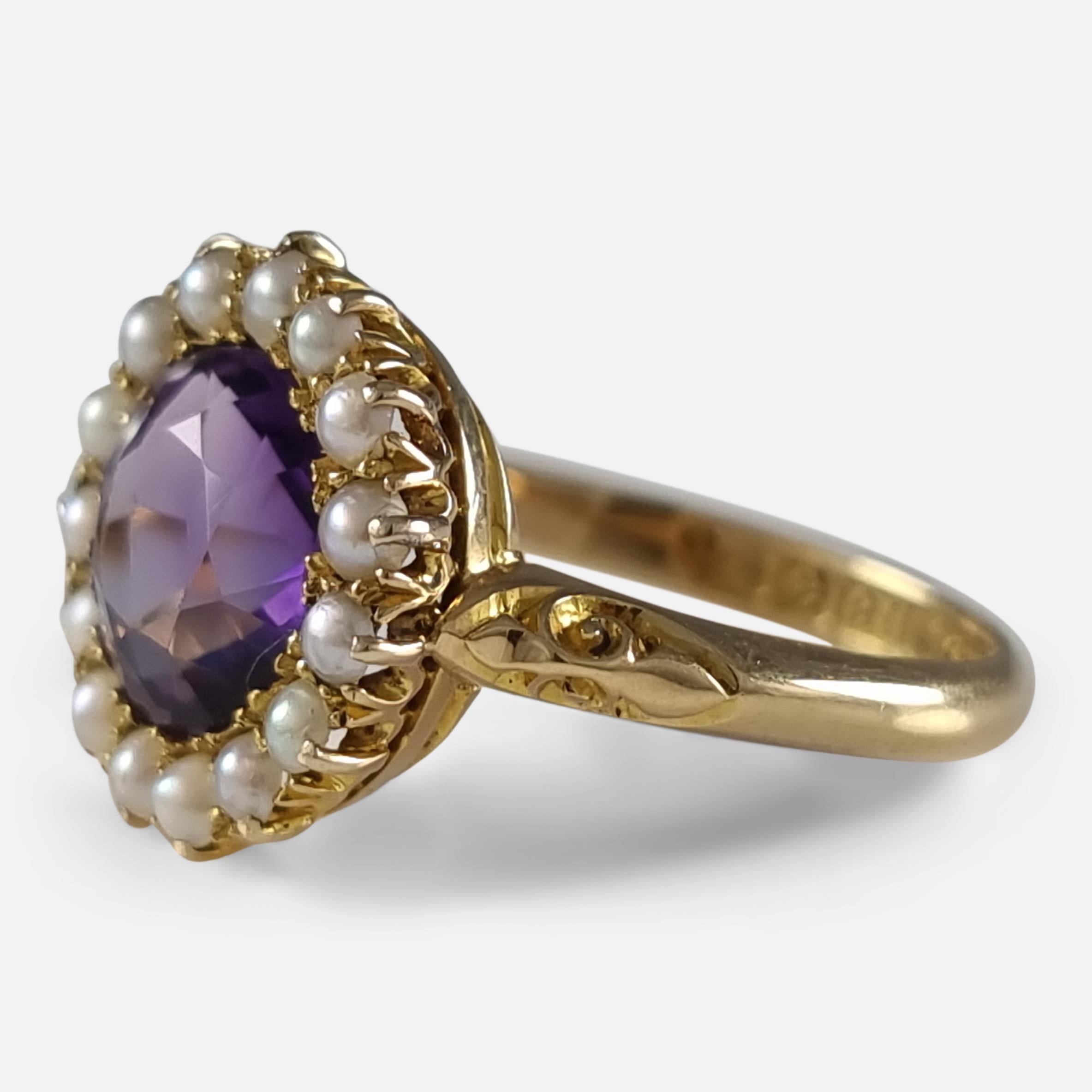 Edwardian 18 Carat Gold Amethyst and Pearl Cluster Ring, 1909 4