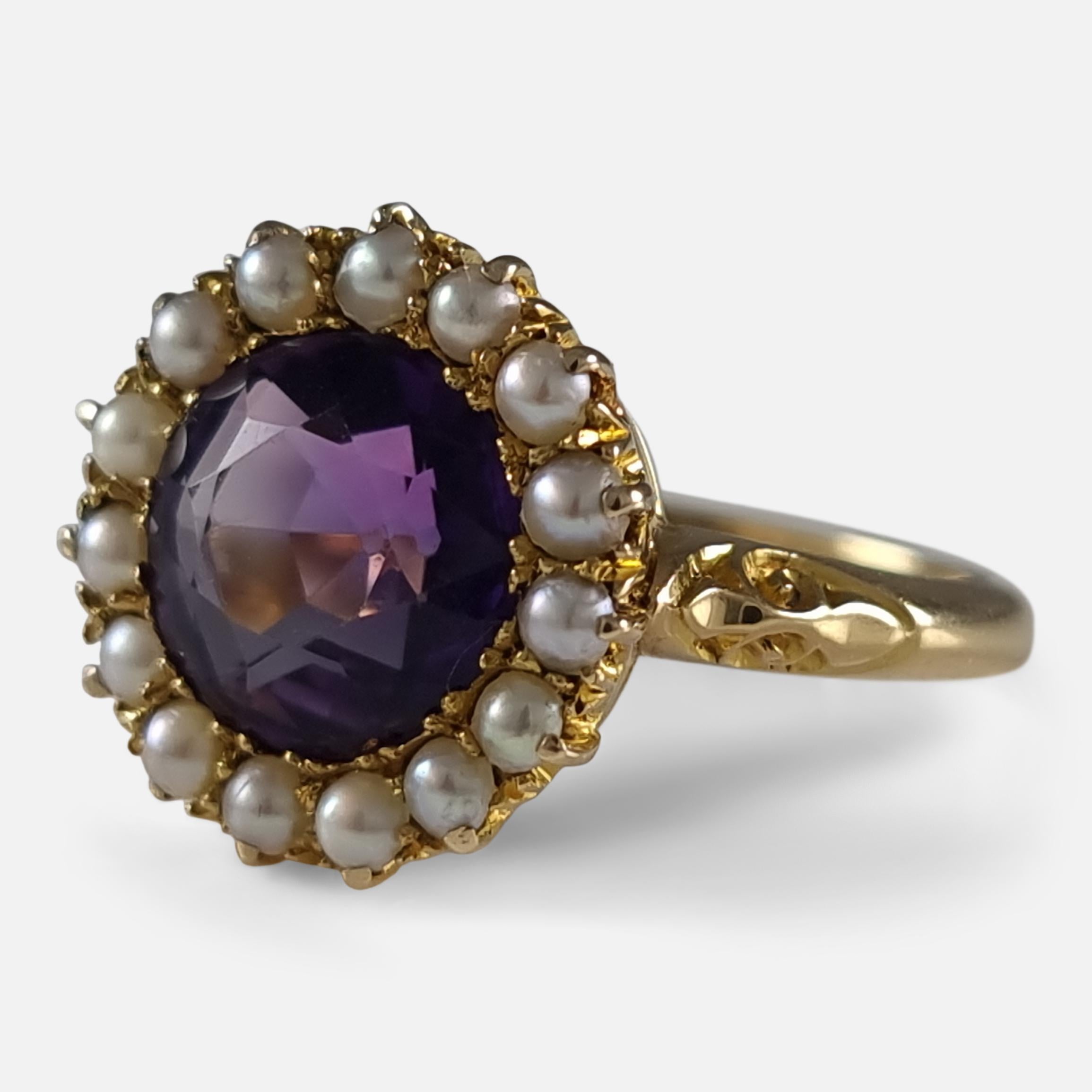 Edwardian 18 Carat Gold Amethyst and Pearl Cluster Ring, 1909 5