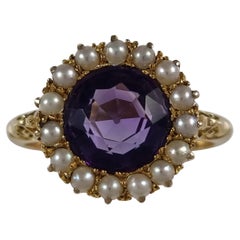 Antique Edwardian 18 Carat Gold Amethyst and Pearl Cluster Ring, 1909