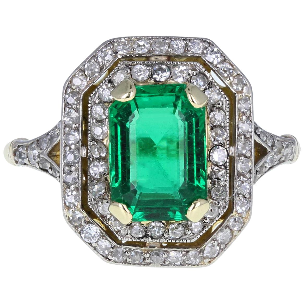 Edwardian 18 Carat Gold Certificated Minor Oil Colombian Emerald Diamond Ring For Sale