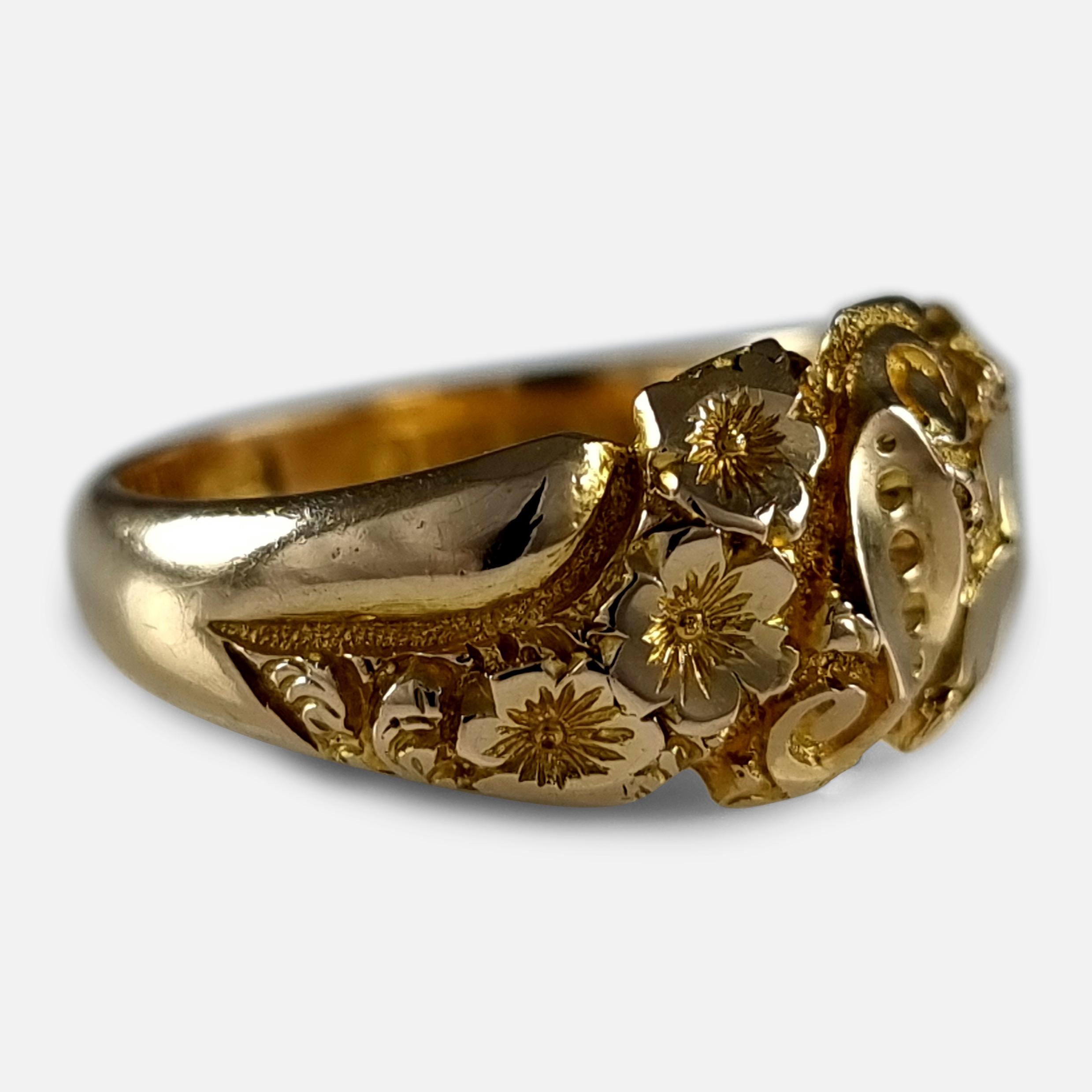 Edwardian 18 Carat Gold Engraved Keeper Ring, 1907 1
