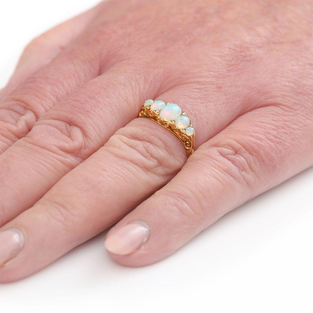 Edwardian 18ct Gold Five Stone Precious Opal and Diamond Ring, Circa 1910 5