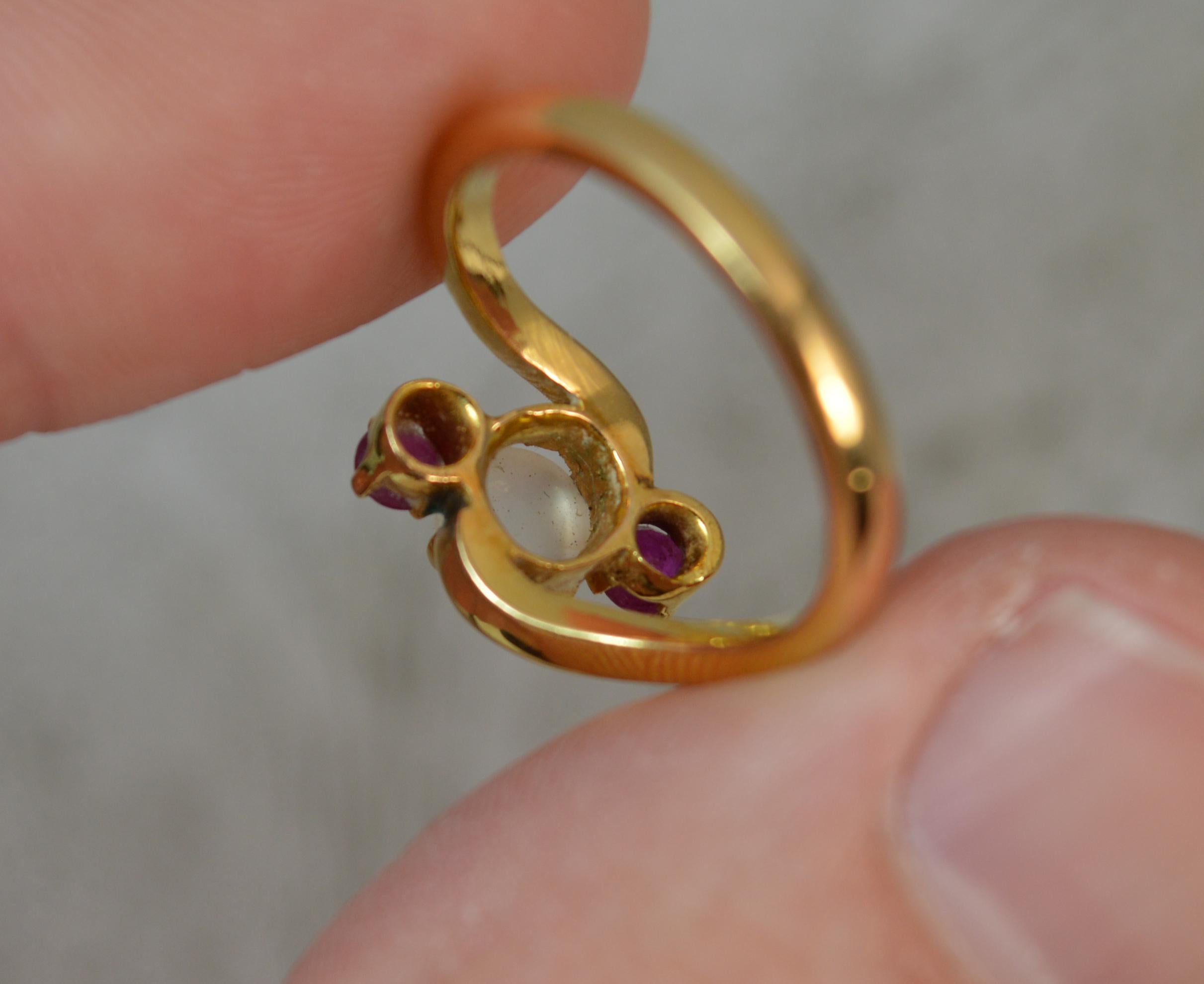 Cabochon Edwardian 18 Carat Gold Moonstone Ruby Trilogy Ring