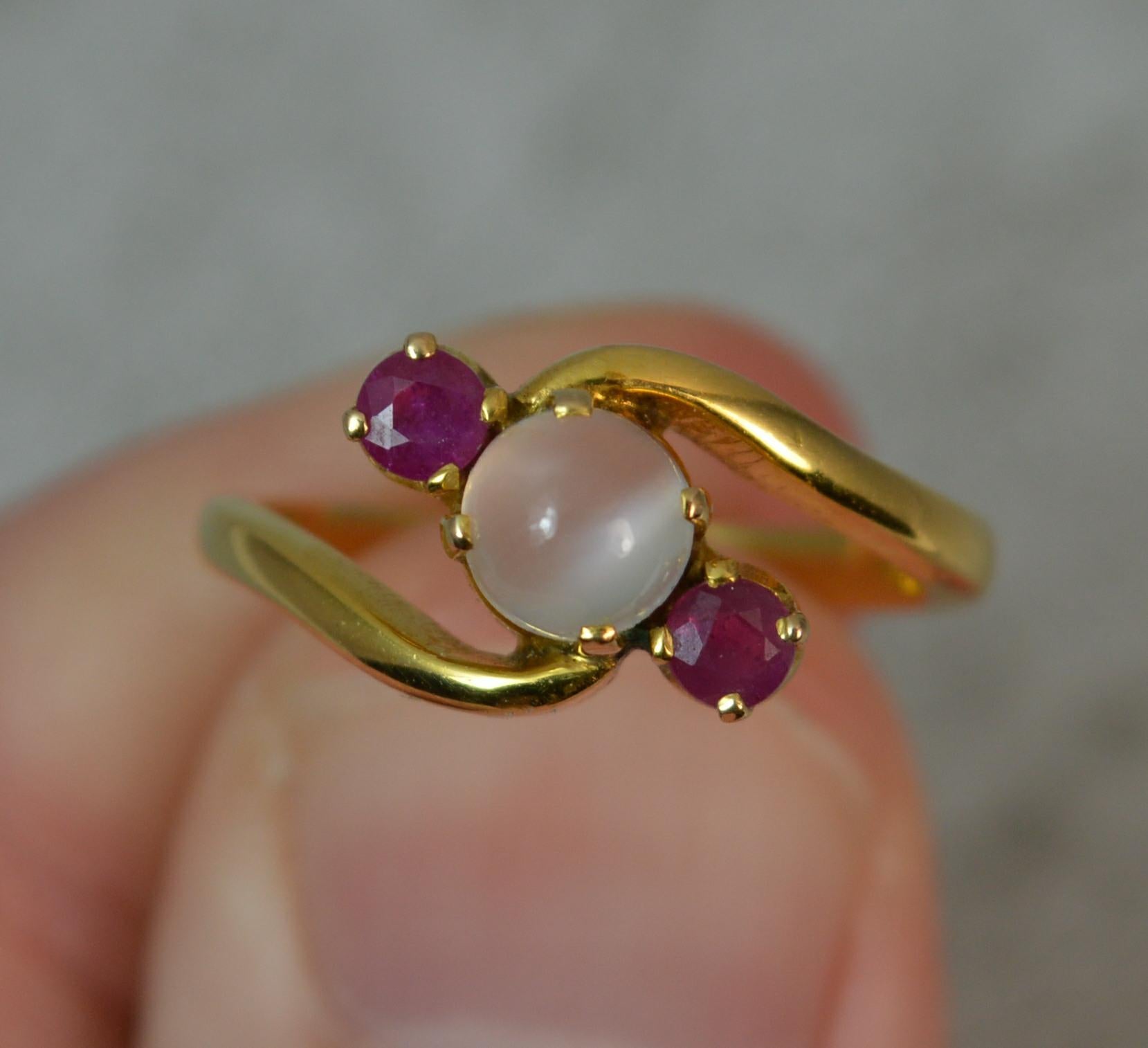 Edwardian 18 Carat Gold Moonstone Ruby Trilogy Ring In Good Condition In St Helens, GB