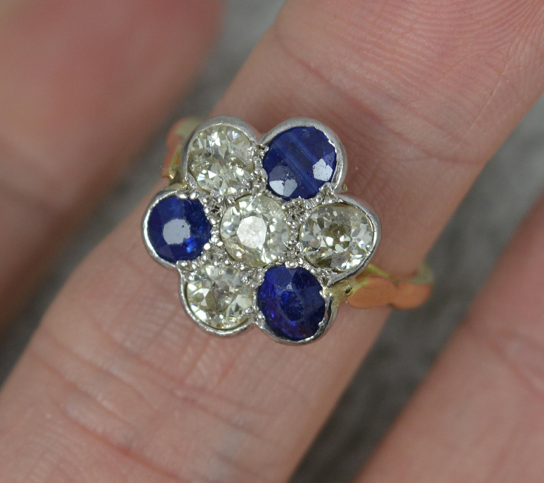 Edwardian 18ct Gold Old Cut Diamond and Sapphire Cluster Ring 5