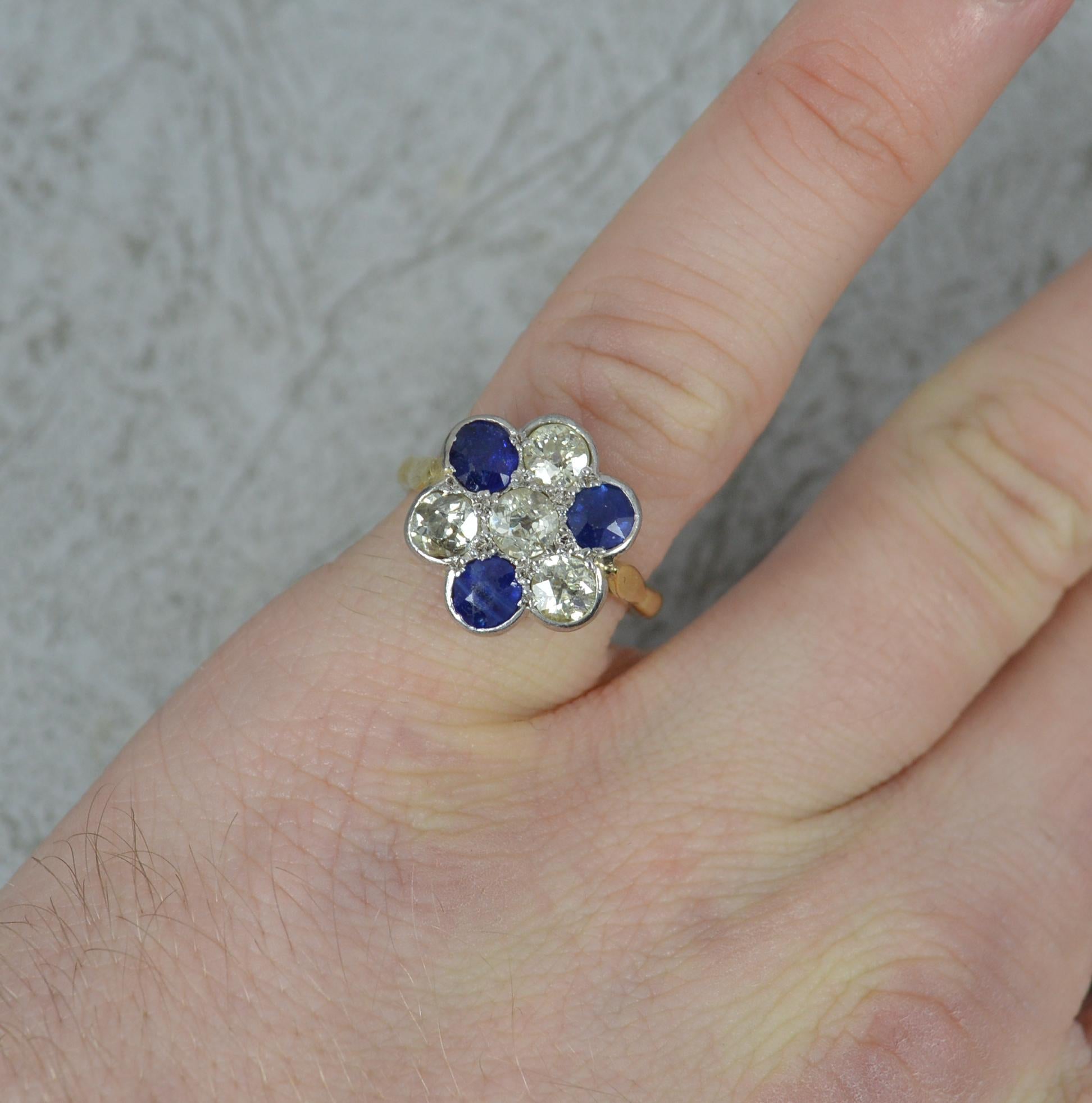 Old European Cut Edwardian 18ct Gold Old Cut Diamond and Sapphire Cluster Ring