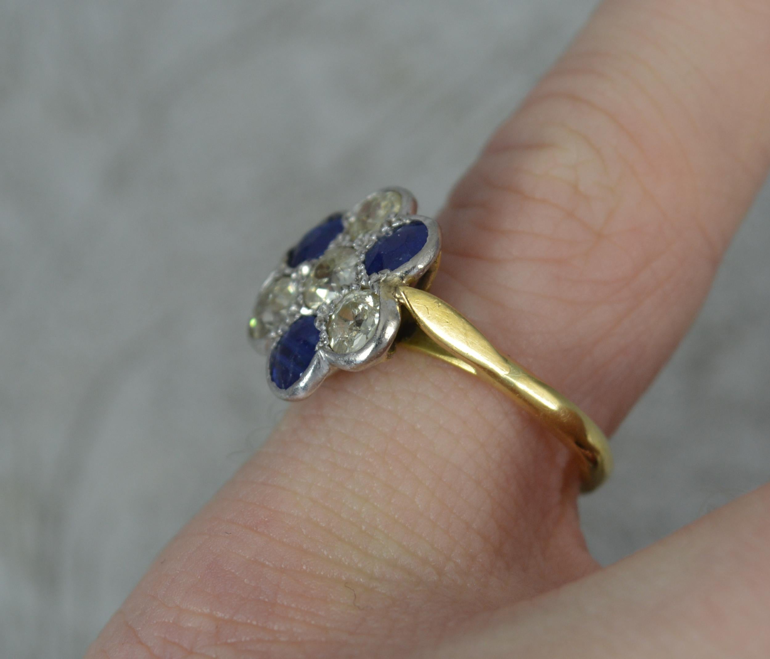 Edwardian 18ct Gold Old Cut Diamond and Sapphire Cluster Ring In Good Condition In St Helens, GB