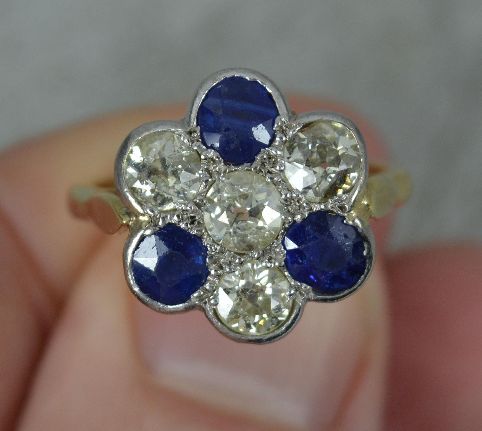 Edwardian 18ct Gold Old Cut Diamond and Sapphire Cluster Ring 3