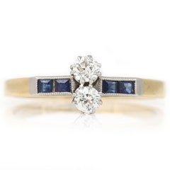 Edwardian 18ct Gold Old Cut Diamond Two Stone and Sapphire Ring, circa 1915
