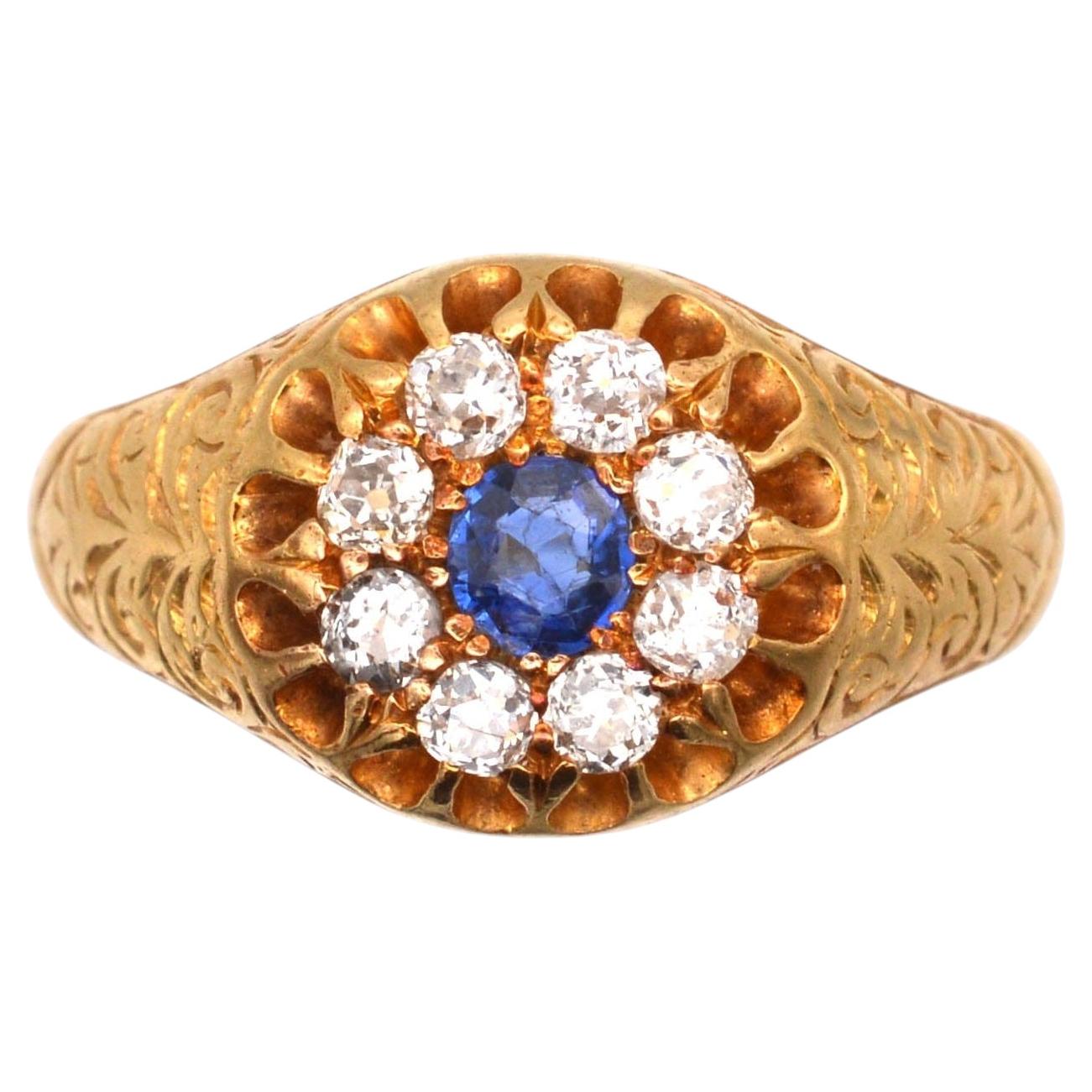 Edwardian 18ct Gold, Old Mine Cut Diamond and Sapphire Cluster Ring