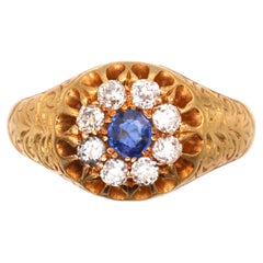 Edwardian 18ct Gold, Old Mine Cut Diamond and Sapphire Cluster Ring