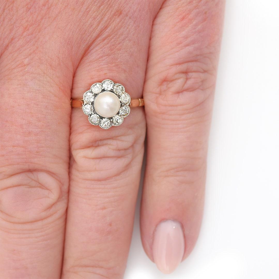 Edwardian 18ct Gold Pearl and Old Cut Diamond Cluster Ring Circa 1900 For Sale 7