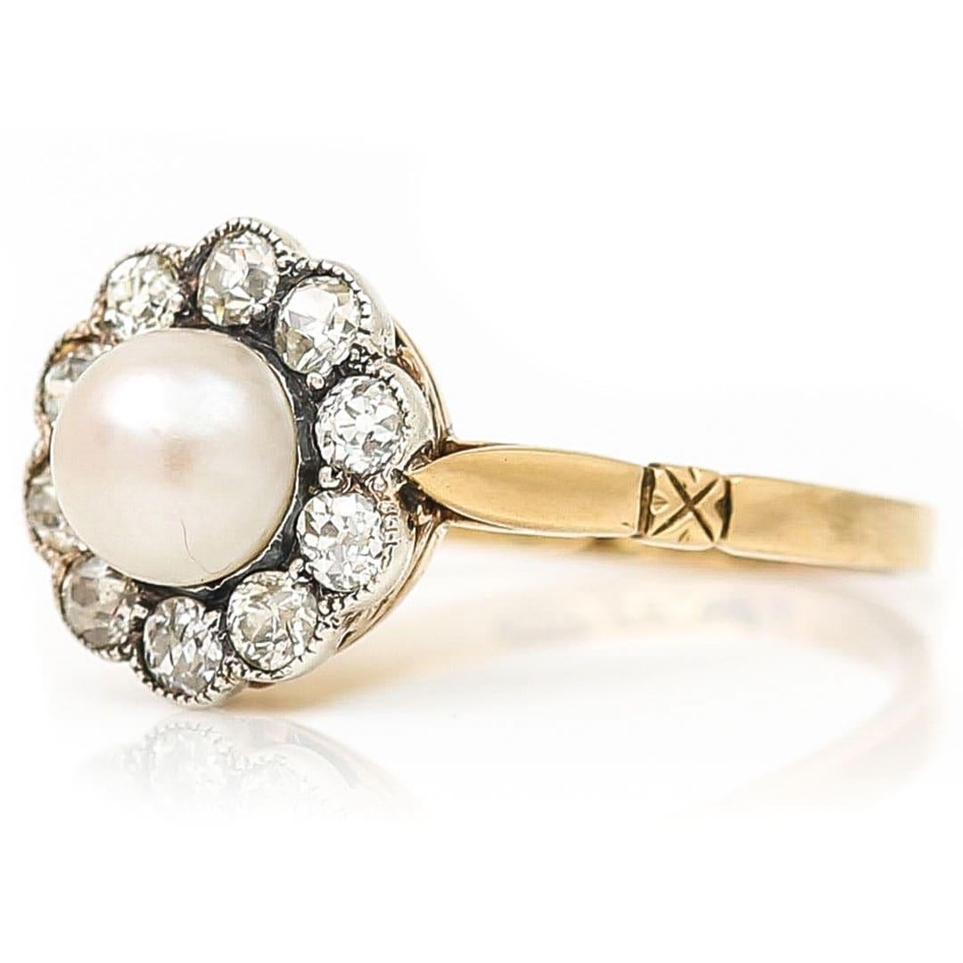 Old Mine Cut Edwardian 18ct Gold Pearl and Old Cut Diamond Cluster Ring Circa 1900 For Sale