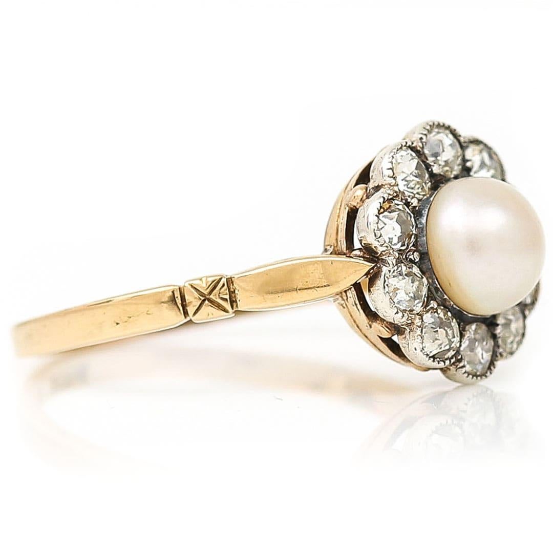 Women's Edwardian 18ct Gold Pearl and Old Cut Diamond Cluster Ring Circa 1900 For Sale
